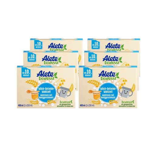 Alete bewusst Milch-Getreide-Mahlzeit Mehrkorn mit Honiggeschmack, ab dem 10. Monat, trinkfertige Babynahrung als Ersatz zu Babybrei, warm oder kalt trinken, 6 x 400 ml (2 x 200 ml) von Alete