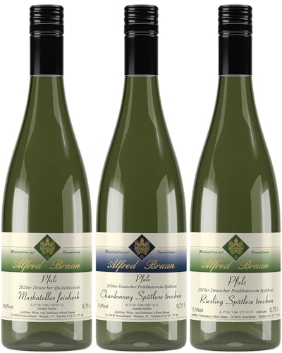 Probierpaket „exklusive Weißweine Spätlese aus der Pfalz“ | drei Selektionen vom pfälzer Weinhaus Alfred Braun (3 x 0,75 l) | Tolles Wein Tasting-Set | 750 ml (3er Pack) von Alfred Braun