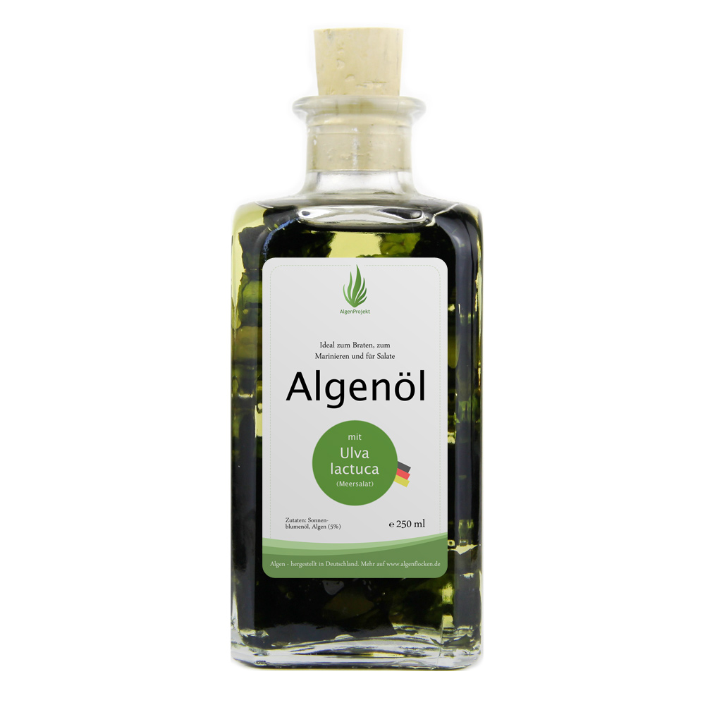 Sonnenblumenöl mit Algen Ulva lactuca (Meersalat), 250 ml, 100% Algen aus Deutschland, nachhaltige Meeresalgen von Algenliebe