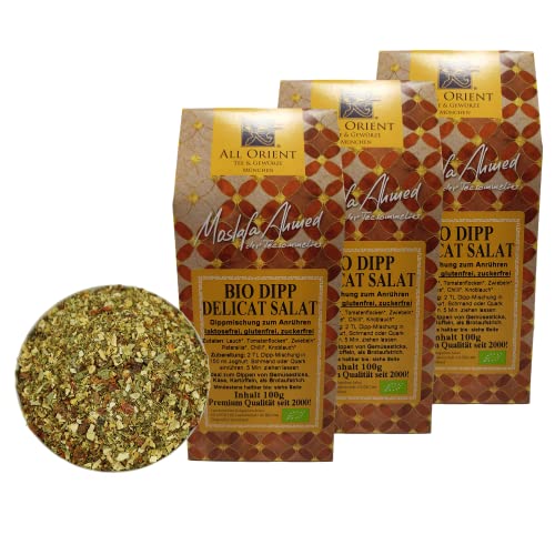 All Orient BIO Delicat Salat Dippmischung zum Anrühren | ideal zum Dippen von Kartoffeln, Gemüsesticks, Käse | Salatdressing | ohne Zusatzstoffe | als Brotaufstrich | Dip (3x 100g) All Orient BIO Delicat Salat Dippmischung zum Anrühren | ideal zum Dippen von Kartoffeln, Gemüsesticks, Käse | Salatdressing | ohne Zusatzstoffe | als Brotaufstrich | Dip (3x 100g) von All Orient Tee & Gewürze München