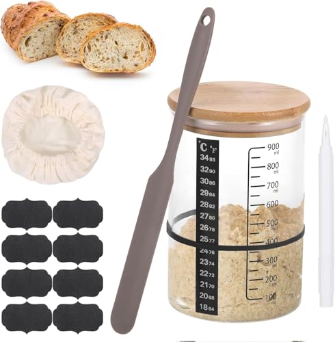 Sauerteig Starter Set, 900ml Gärglas mit Holzdeckel, Thermometerpapier, 8 Etiketten, Silikon-Spatel, Stoffhut Sauerteig Starter Set, 900ml Gärglas mit Holzdeckel, Thermometerpapier, 8 Etiketten, Silikon-Spatel, Stoffhut von Alleshelfer