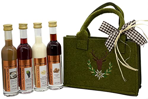 Likör-Tasche voller Genuss, Geschenk - Set, Allgäu-Brennerei, 4 x 100 ml Liköre inkl. Filztasche mit Hirsch; Muttertag, Geschenk für Frauen von Allgäu-Brennerei Werkstatt des puren Genusses