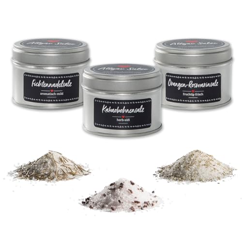 Allgäu Salze® - Salz-Set zum kochen & würzen - 3er Set - 90g Kakaobohnensalz - 90g Fichtennadelsalz - 90g Orangenrosmarinsalz - Geschenk-Set für Feinschmecker von Allgäu Salze