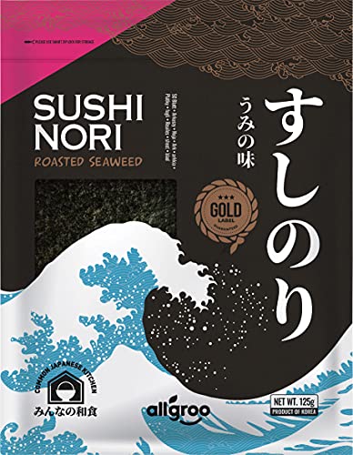 Allgroo Nori Gold Seetang, ganze Blätter, geröstete Seealgen, ideal für Sushi, vegan und glutenfrei, 1 x 125 g mit 50 Blättern von Allgroo