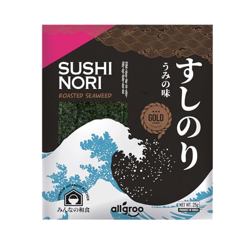 Allgroo Nori Gold Seetang, ganze Blätter, geröstete Seealgen, ideal für Sushi, vegan und glutenfrei, 1 x 25 g mit 10 Blättern Allgroo Nori Gold Seetang, ganze Blätter, geröstete Seealgen, ideal für Sushi, vegan und glutenfrei, 1 x 25 g mit 10 Blättern von Allgroo
