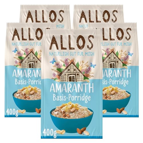 Allos Amaranth Basis Porridge | Porridge ohne Zucker | Bio Porridge Natur | Bio Müsli | Haferflocken | Frühstücksbrei | Frühstückscerealien | vegan | 5er Pack (5 x 400g) von Allos