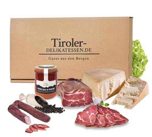 Almgourmet, Geschenkset "Tiroler Probierbox" - Zusammenstellung aus 4 herzhaften Tiroler Produkten - mit Speck, Käse und Wurzen von Almgourmet