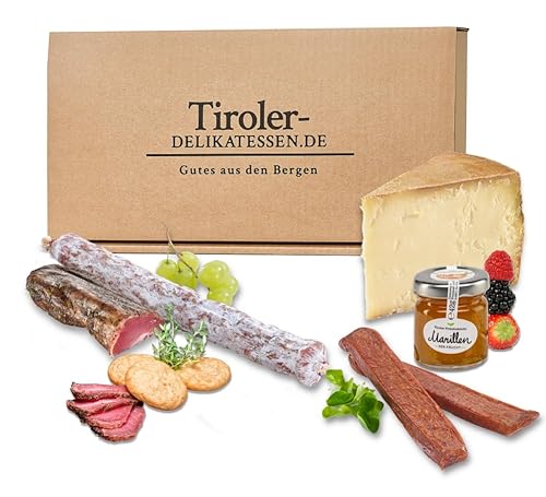 Almgourmet, Geschenkset "Tiroler Kennlernbox" - Zusammenstellung aus 5 Tiroler Produkten - mit Filet, Käse und Konfitüre von Almgourmet