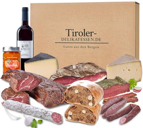 Almgourmet 12-tlg. Geschenkset - Tiroler Spezialitäten - Inkl. Wein, Wurst- & Käse Delikatessen - Geschenkkarton von Almgourmet