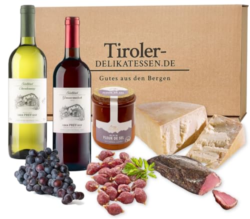Almgourmet - Geschenkjset "Wein und Mehr" - mit Weiß- und Rotwein aus Südtirol - dazu Käse aus Italien und Fleur de Sel von Almgourmet