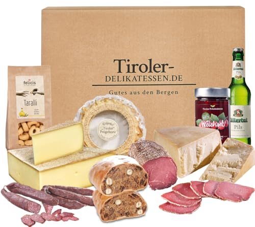 Almgourmet - Geschenkpaket "Feinschmecker" - mit 10 Tiroler Köstlichkeiten - u.a. Bergkäse, Speck, Wurzen und Merlot von Almgourmet