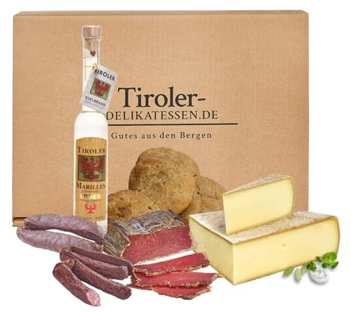 Almgourmet - Geschenkset "Brotzeit" mit 7 vers. Tiroler Schinken & Käse-Spezialitäten sowie Marillenschnaps - Ansprechend verpackt von Almgourmet