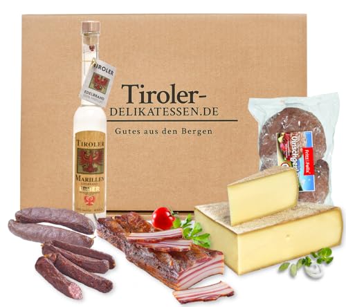 Almgourmet - Geschenkset "Brotzeit" mit 7 vers. Tiroler Schinken & Käse-Spezialitäten sowie Marillenschnaps - Ansprechend verpackt von Almgourmet