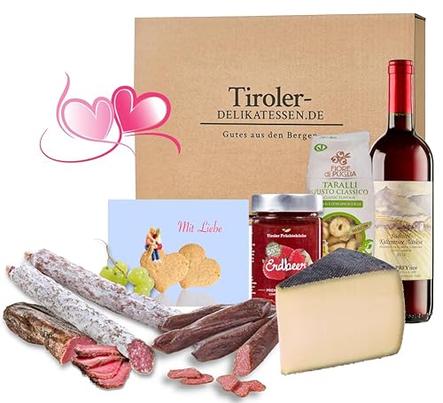 Almgourmet - Geschenkset "Hochzeitstag" - mit 7 Tiroler Spezialitäten - u.a. Käse, Filet und Rotwein - mit Grußkarte von Almgourmet