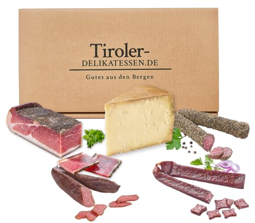 Almgourmet - Geschenkset "Jause" - 5 tlg. Set - Tiroler Spezialitäten mit Wurzen-Trio, Klostertaler-Käse und Schinkenspeck von Almgourmet