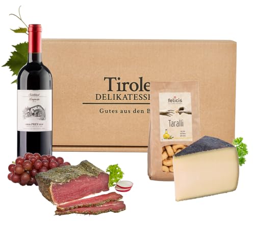 Almgourmet - Geschenkset "Weinfreund" - mit 4 Delikatessen aus Triol - Lagrein Rotwein, Schinken, Käse und Schüttelbrot - im Geschenkkarton von Almgourmet