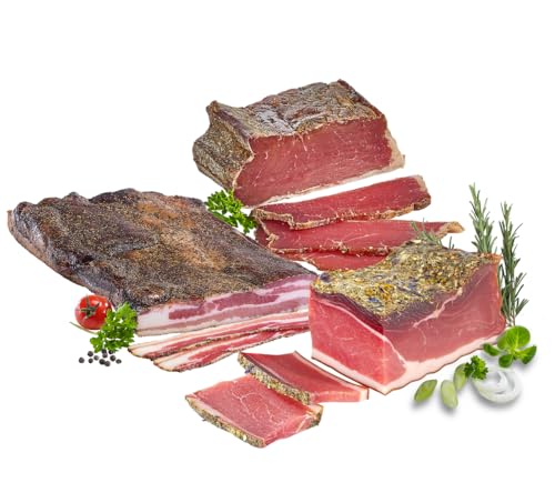 Almgourmet- Jausen-Speck-Platte - Zusammenstellung aus drei Tiroler Specksorten (950g) - mit Kräuter- und Pfefferschinken von Almgourmet