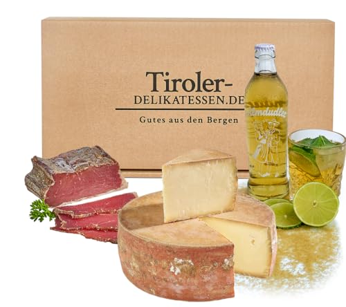 Geschenkset "Geschmacksmix" - mit Tiroler Spezialitäten - Käse, Schinken und Almdudler - mit Holzwolle verpackt von Almgourmet