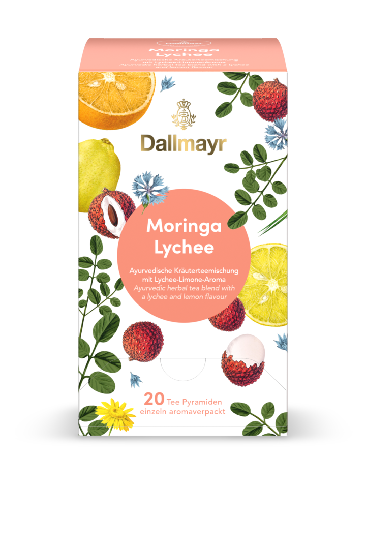 Moringa Lychee Ayurvedische Kräuterteemischung mit Zitrus-Lychee-Aroma Moringa Lychee Ayurvedische Kräuterteemischung mit Zitrus-Lychee-Aroma von Alois Dallmayr Kaffee OHG