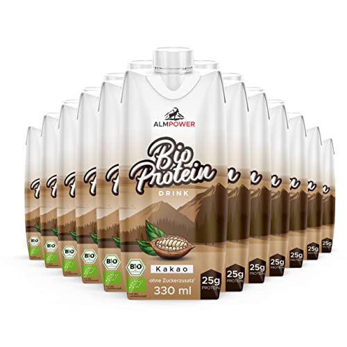 AlmPower Bio Protein Drink Kakao 12 x 330 ml - 25 g Eiweiß - Aus bester Bio-Alpenmilch, gluten- & laktosefrei - Ohne Süßstoffe und Zuckerzusatz - Made in Austria von Alpenpower