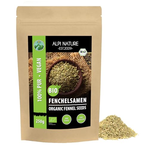 BIO Fenchelsamen ganz (250g), Fenchel in Rohkostqualität aus kontrolliert biologischem Anbau, Fenchelkörner glutenfrei, laktosefrei, laborgeprüft, vegan von Alpi Nature