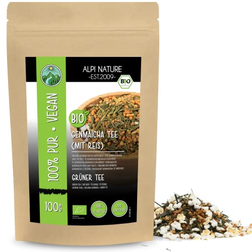 BIO Genmaicha Tee (100g), Japanischer Genmaicha Tee, Grüner Tee mit geröstetem Reis aus kontrolliert biologischem Anbau, Bio Grüntee geschnitten mit Reis von Alpi Nature