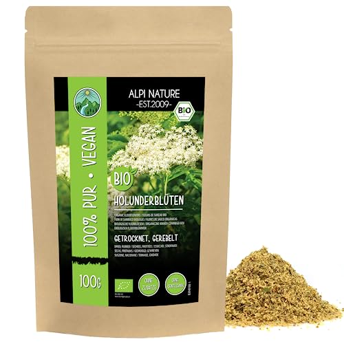 BIO Holunderblüten getrocknet (100g), Bio Holunder Blüten gerebelt, Holunderblüten aus Wildsammlung, Holunder Tee Bio, Holunderblütentee 100% natürlich von Alpi Nature