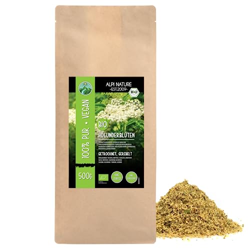 BIO Holunderblüten getrocknet (500g), Bio Holunder Blüten gerebelt, Holunderblüten aus Wildsammlung, Holunder Tee Bio, Holunderblütentee 100% natürlich von Alpi Nature