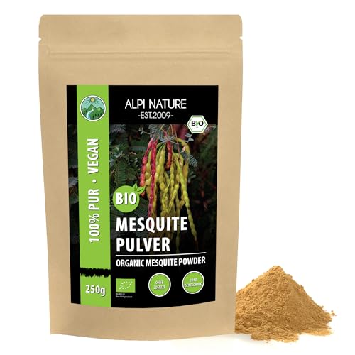BIO Mesquitepulver (250g), Bio Mesquite Pulver mit Karamell Geschmack, aus kontrolliert biologischem Anbau, glutenfrei, laktosefrei, laborgeprüft, vegan, 100% naturrein von Alpi Nature