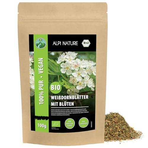 BIO Weissdorn Tee (100g), Bio Weissdorn Blätter mit Blüten, Weissdorn aus Wildsammlung, Weissdorn Tee Bio geschnitten, Weissdorntee 100% schonend getrocknet, Heckendorn natürlich von Alpi Nature