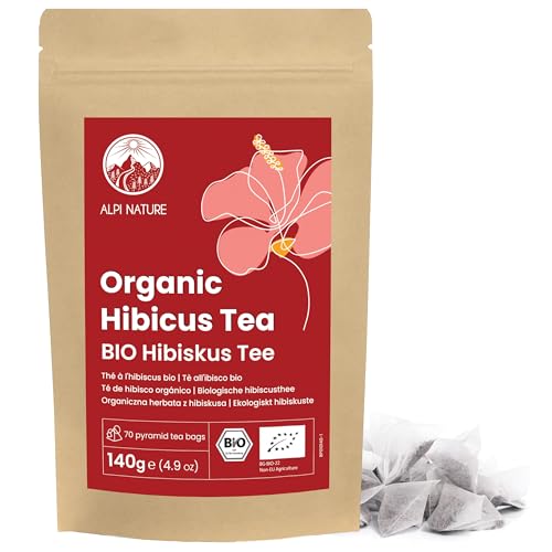 Hibiskustee BIO von Alpi Nature, 70 Tee Pyramidenbeutel à 2g, bio Hibiskus Teebeutel 140g, Hibiskusblüten getrocknet zur Zubereitung von Kräutertee und Hibiskusblütentee, Pyramiden Teebeutel von Alpi Nature