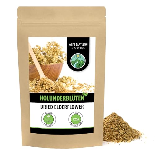 Holunderblüten Tee (125g), Holunder Blüten gerebelt, Holunderblütentee schonend getrocknet, 100% rein und naturbelassen zur Zubereitung von Holundertee von Alpi Nature