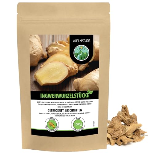 Ingwerwurzel geschnitten (1kg), Ingwer Tee, Ingwerstücke geschrotet, Ingwertee 100% natürlich, Ingwer ohne Zusätze, Ingwer Wurzel geschnitten von Alpi Nature