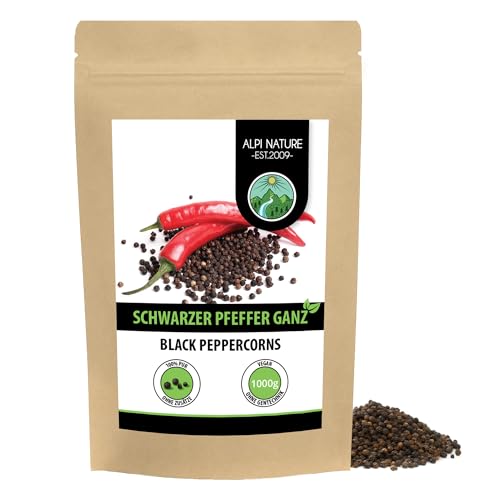 Pfeffer schwarz ganz (1kg), Pfefferkörner schwarz 100% naturrein, natürlich ohne Zusätze, vegan, Schwarzer Pfeffer von Alpi Nature