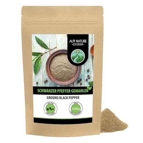 Pfeffer schwarz gemahlen (1kg), Schwarzer Pfeffer gemahlen 100% naturrein, natürlich ohne Zusätze, vegan, Pfefferkörner schwarz von Alpi Nature