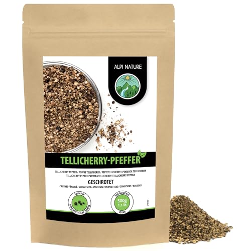 Tellicherry Pfeffer geschrotet (500g), Tellicherrypfeffer gemahlen, Tellicherry Pfefferkörner schwarz aus kontrolliertem Anbau, laborgeprüft, 100% rein und naturbelassen von Alpi Nature