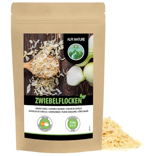 Zwiebelflocken getrocknet (250g), Zwiebeln geschnitten 5-30mm, Zwiebelstücke, Zwiebel getrocknet und gehackt, Naturprodukt, frei von Zusatzstoffen, ideal für Gemüse, Nudeln, Suppen, Fleisch und Fisch von Alpi Nature