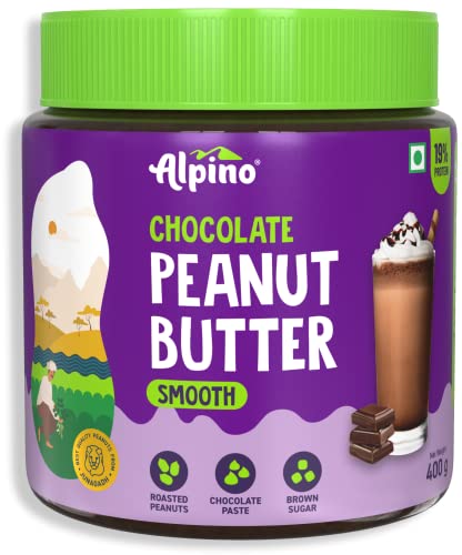ALPINO Schokoladen-Erdnussbutter glatt | 19% Protein | Hergestellt mit gerösteten Erdnüssen, Schokoladenpaste, braunem Zucker und Meersalz | pflanzliches Protein Erdnussbutter cremig (400 ml) von Alpino