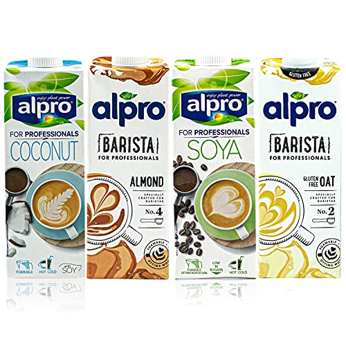 Alpro - 4er Pack Probierset "Barista" Drink 1 Liter - Kokos - Almond/Mandel - Oat/Hafer - Soja (Zum Aufschäumen für Kaffee, Shakes und Smoothies) von Alpro