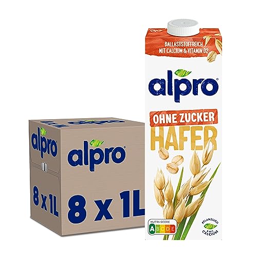 Alpro Haferdrink Ohne Zucker 8x1 L haltbar, vegan & laktosefrei, reich an Ballaststoffen, mit Calcium und Vitaminen von Alpro