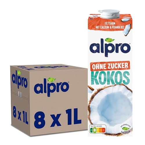 Alpro Kokosnussdrink Ohne Zucker, Pflanzlicher Drink, Vegan, Laktosefrei, Glutenfrei, UHT, 8x1L von Alpro