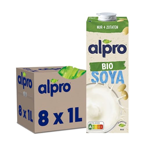 Alpro Soja Drink Bio Natur, Pflanzlicher Drink, Vegan, Laktosefrei, Glutenfrei, UHT, 8x1L von Alpro
