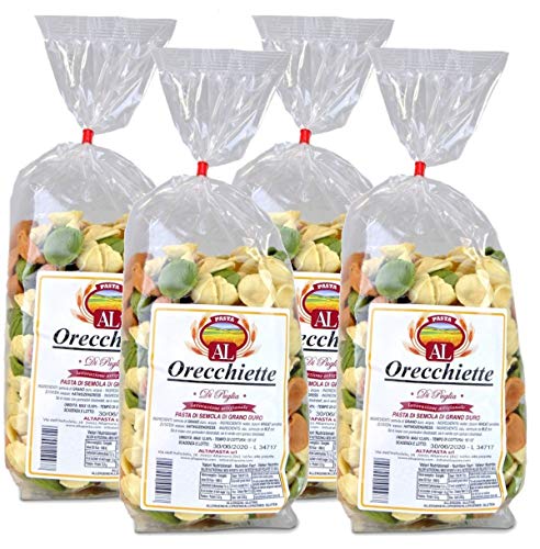 Frische Orecchiette Tricolor Nudeln aus Italien 4 x 500g - Original Orecchiette Pasta - trafila in bronzo - Handwerkliche Verarbeitung von Altapasta