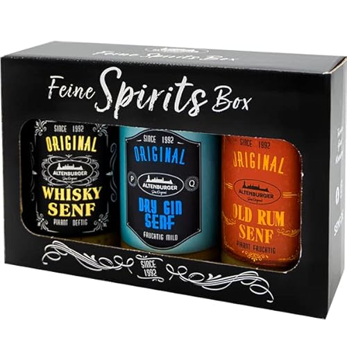Altenburger Original Feine Spirits Box mit Whisky Senf (200 ml), Dry Gin Senf (200 ml) und Old Rum Senf (200 ml), Senf Mittelscharf von Altenburger Original