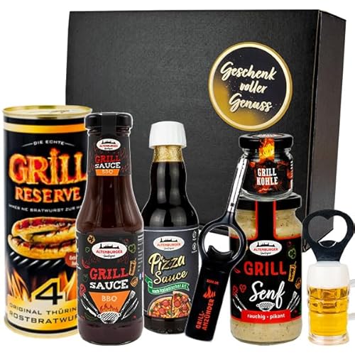 Genussvolles Grill-Geschenk mit Bratwürsten. Pizza Sauce, Grillsenf, Grillkohle-Salz und Zubehör von Altenburger Original