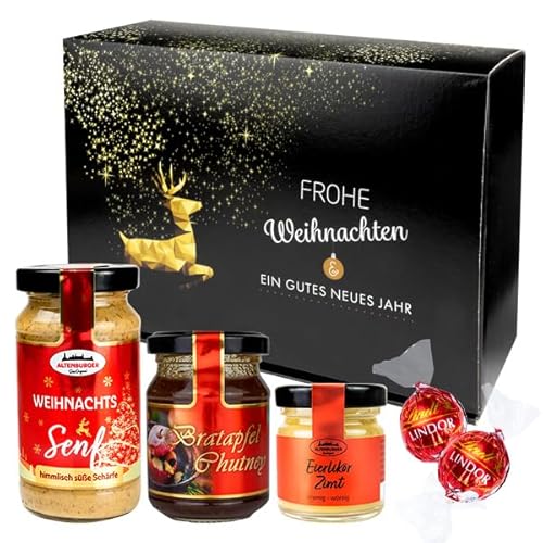 Geschenk Süße Adventszeit mit Weihnachtssenf, Bratapfel Chutney, Eierlikör Zimt & Pralinen von Altenburger Original