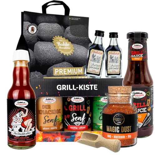 Grillpräsent mit Grillbriketts, Grillsauce, Schnaps, Senf & Magic Dust von Altenburger Original