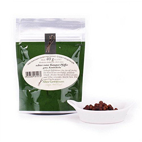 Kampot Pfeffer, roter Pfeffer, ganz, aus Kambodscha, Altes Gewürzamt Ingo Holland, 40g Aromatüte Kampot Pfeffer, roter Pfeffer, ganz, aus Kambodscha, Altes Gewürzamt Ingo Holland, 40g Aromatüte von Altes Gewürzamt GmbH Ingo Holland