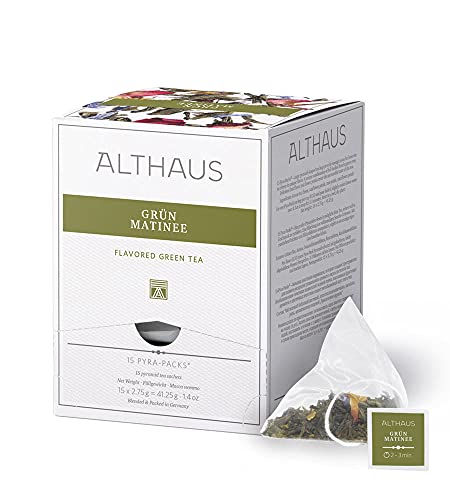 Althaus Tee GRÜN MATINEE ⋅ Grüner Tee im Pyramidenbeutel PYRA PACK ⋅ Aromatisierter Grüner Tee mit exotischem Fruchtgeschmack ⋅ 15 x 2,75g von Althaus