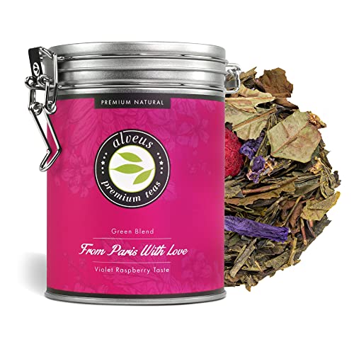 Grüner Tee Lose Dose mit Himbeer-Veilchen Geschmack, Aromatisierter Grüntee und Weißtee „From Paris With Love“ ca. 40 Tassen - 100 Gramm Premium von alveus Grüner Tee Lose Dose mit Himbeer-Veilchen Geschmack, Aromatisierter Grüntee und Weißtee „From Paris With Love“ ca. 40 Tassen - 100 Gramm Premium von alveus von Alveus